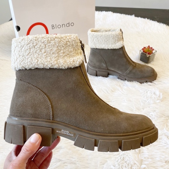 $160 NEW BLONDO x Zappos Plaza Taupe Suede Faux Fur heel ankle bootie women’s 7 - Picture 2 of 8